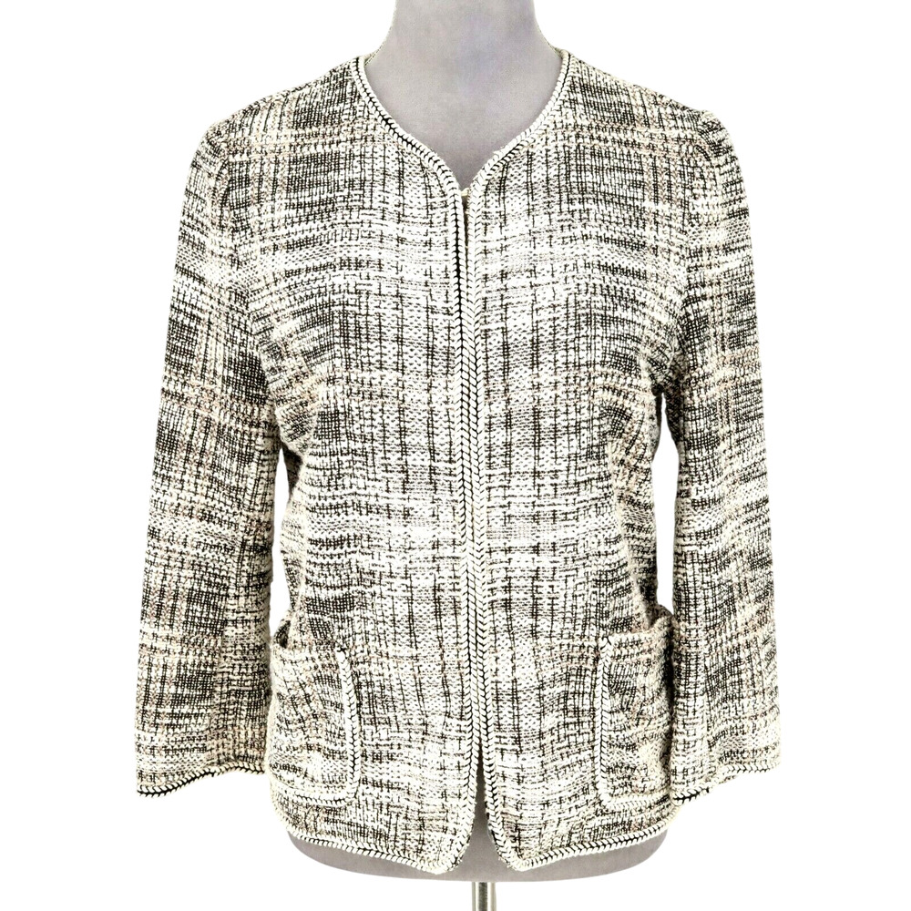 Max Studio Sweater Jacket Womens Medium Ivory Beige Black Unlined Neutral Career
